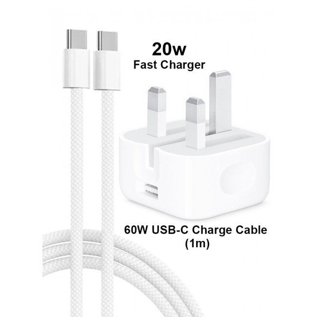 CATANES 20W USB-C PD Fast Charger with 60W Braided Type-C to Type-C Cable (1m) – UK 3-Pin Plug for iPhone 17 Pro