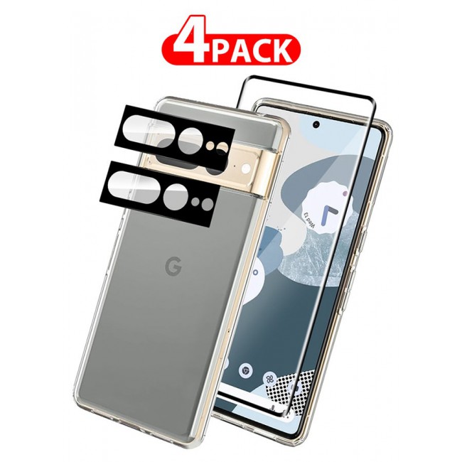 CATANES 4 Packs For Google Pixel 7 Pro TPU Case and Screen Protector and 2 Camera Lens Protectors Clear Transparent Shockproof Protective Phone Case Scratch Resistant Cover