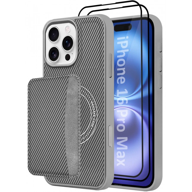 CATANES iPhone 16 Pro Max Case Leather 3Packs Antifingerprint Cover with Detachable Wallet Card Slot Shell Insert Card Holder Anti Fall Protection Carbon Fiber Design with Two 3D Screen Protectors - Grey