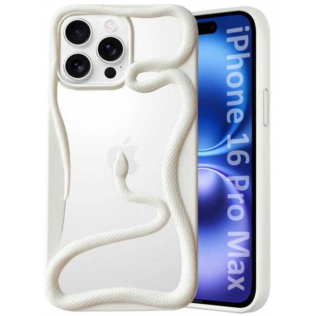 CATANES iPhone 16 Pro Max Case Cover Soft TPU and Glossy with Snake Design - White