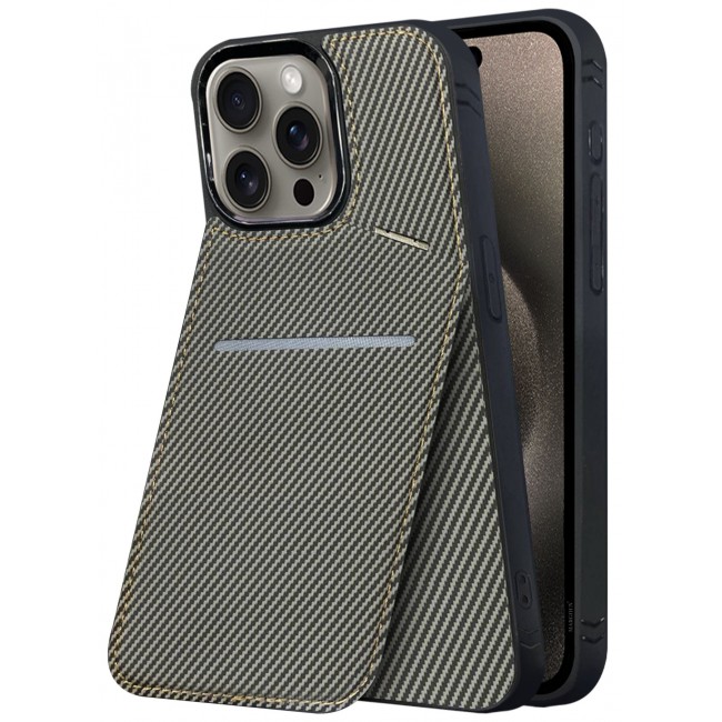 CATANES iPhone 15 Pro Max Case Cover Leather with Card Holder and Kickstand for Men Women Phone Case with Carbon Fiber Pattern