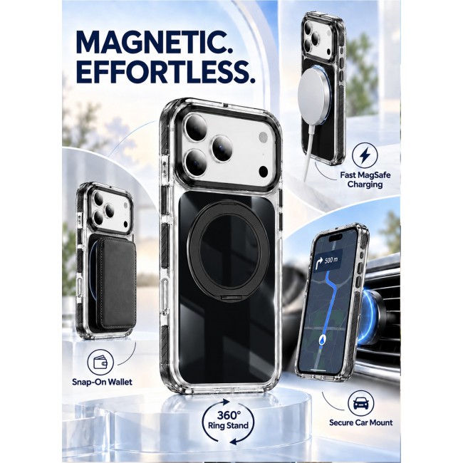 CATANES 2 Pack Magnetic Case For iPhone 17 Pro Max Clear TPU Cover with 360-Degree Rotating Ring Kickstand - Black