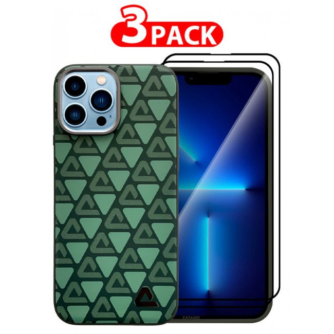 CATANES (for iPhone 13 Pro Max) 3 Pack Case and 2 Screen Protectors Leather Back Cover Triangle Pattern Shockproof Protective Phone Case Green