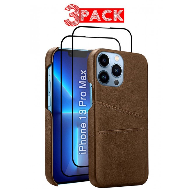 CATANES iPhone 13 Pro Max 3Packs Case Cover Leather with Card Holder for Men Women Phone Case with 3D Screen Protector - Brown