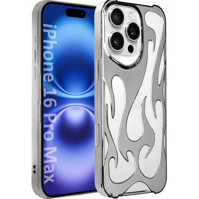 CATANES iPhone 16 Pro Max Case Cover Soft TPU and Glossy with Flame Design - Silver