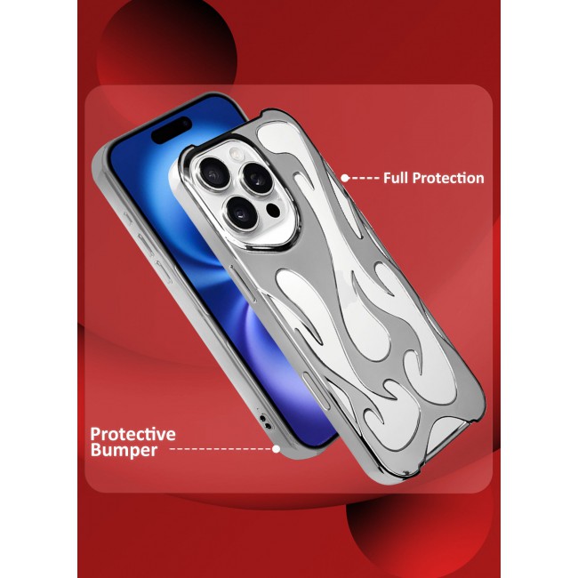 CATANES iPhone 16 Pro Max Case Cover Soft TPU and Glossy with Flame Design - Silver