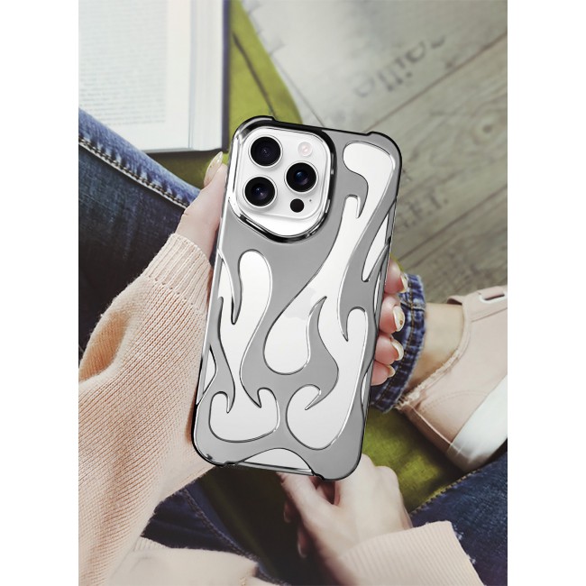 CATANES iPhone 16 Pro Max Case Cover Soft TPU and Glossy with Flame Design - Silver