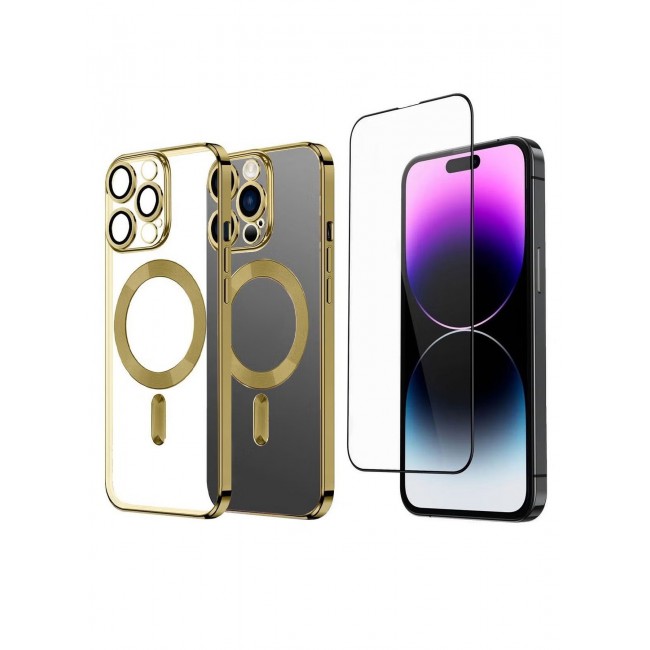 CATANES 2Pack for iPhone 14 Pro Magsafe Case and Screen Protector Clear Electroplating Frame Wireless Charging Cover with Tempered Glass Rose Gold/Clear