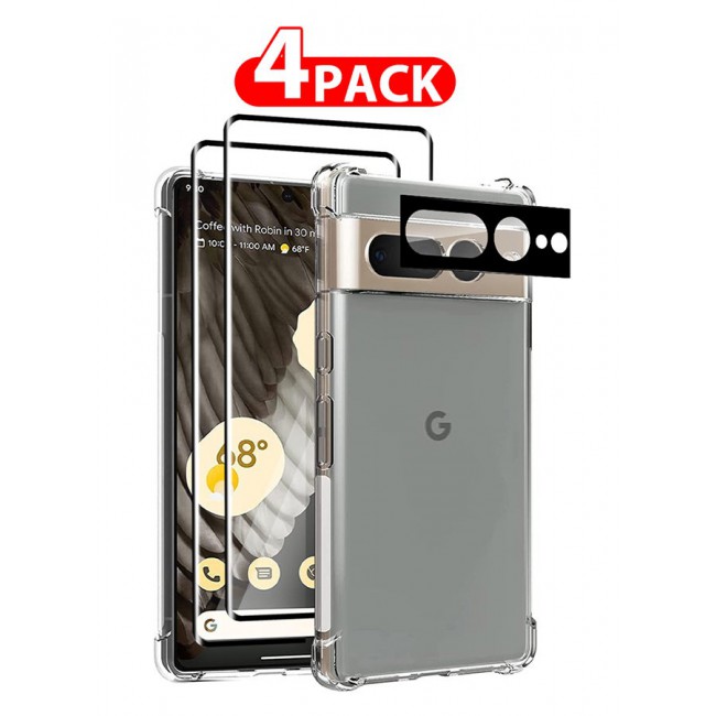 CATANES 4 Packs For Google Pixel 7 Pro TPU Case and 2 Screen Protectors and Camera Lens Protector Clear Transparent Shockproof Protective Phone Case Scratch Resistant Reinforced Corners Cover