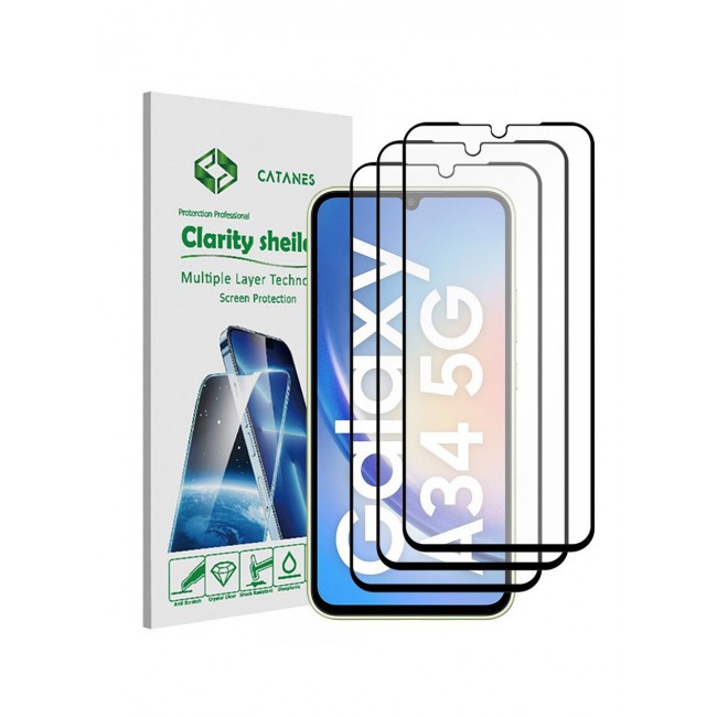 CATANES 3 Pack Screen Protector for Samsung Galaxy A34 5G Full Coverage Screen Glass 9H Hardness Anti Fingerprint Scratch