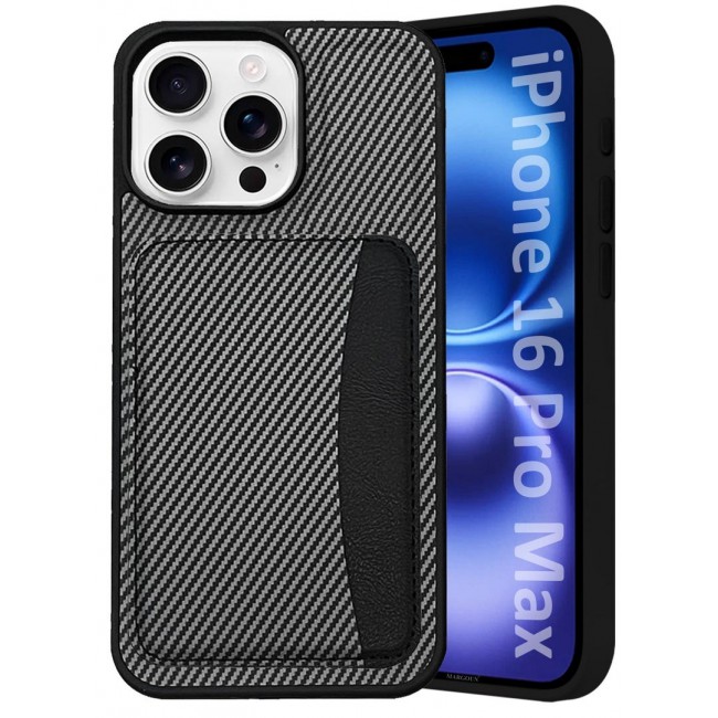 CATANES iPhone 16 Pro Max Case Leather Antifingerprint Cover with Detachable Wallet Card Slot Shell Insert Card Holder Anti Fall Protection Carbon Fiber Design - Black