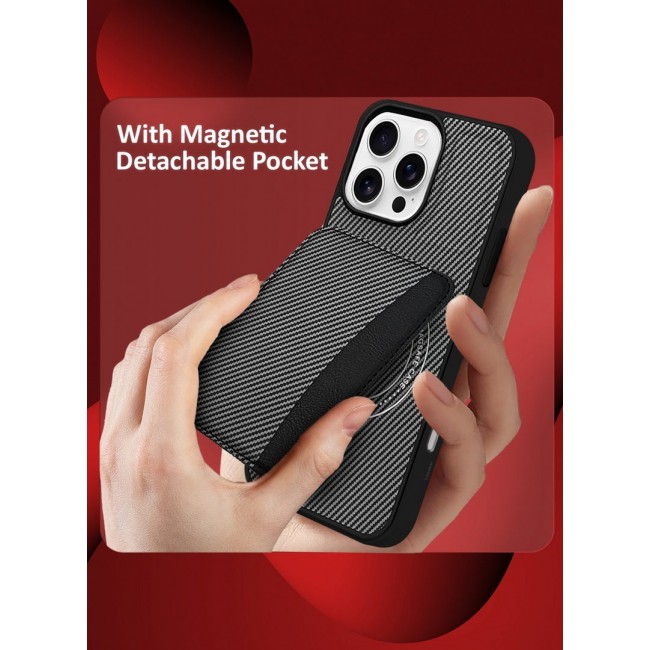 CATANES iPhone 16 Pro Max Case Leather Antifingerprint Cover with Detachable Wallet Card Slot Shell Insert Card Holder Anti Fall Protection Carbon Fiber Design - Black