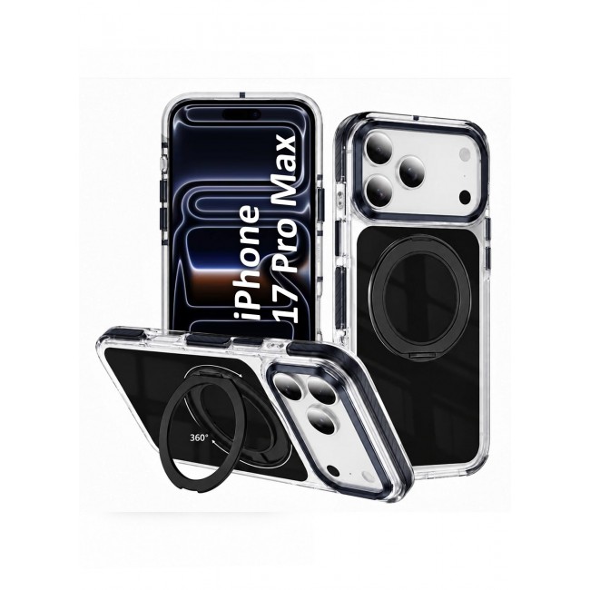 CATANES Magnetic Case For iPhone 17 Pro Max Clear TPU Cover with 360-Degree Rotating Ring Kickstand - Black