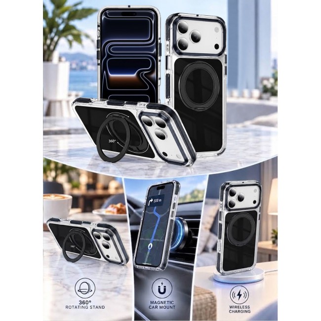 CATANES Magnetic Case For iPhone 17 Pro Max Clear TPU Cover with 360-Degree Rotating Ring Kickstand - Black