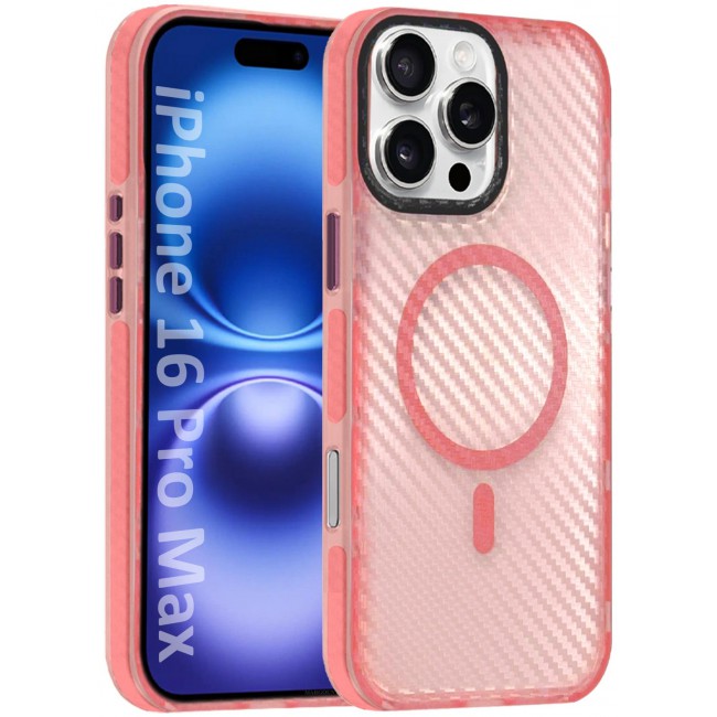 CATANES (for iPhone 16 Pro Max) Magsafe Case Cover Carbon Fiber Magnetic Strong Shockproof Protective Slim Thin Cover Transparent Matte - Pink Color