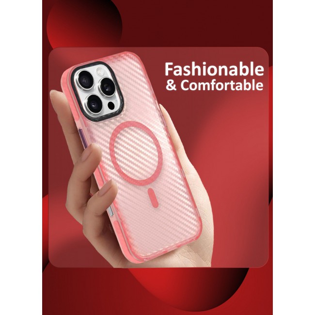 CATANES (for iPhone 16 Pro Max) Magsafe Case Cover Carbon Fiber Magnetic Strong Shockproof Protective Slim Thin Cover Transparent Matte - Pink Color