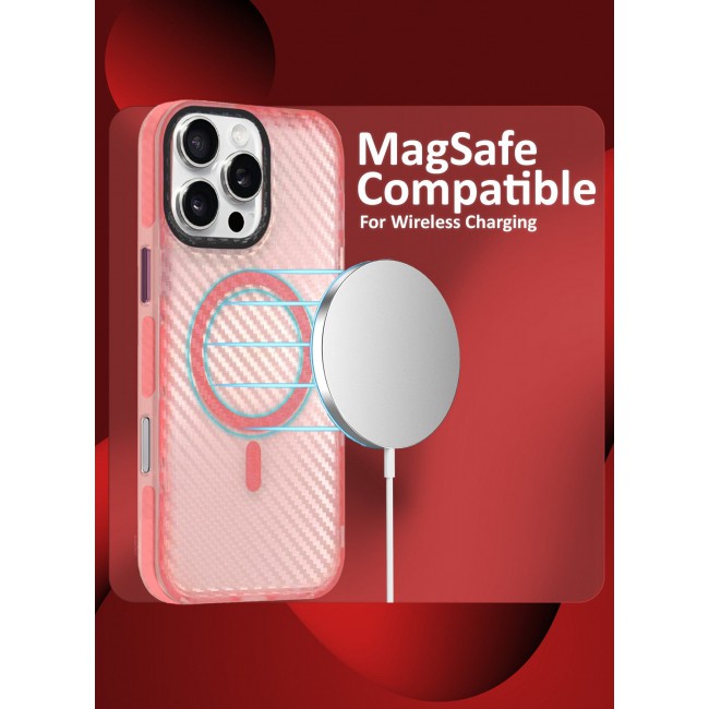 CATANES (for iPhone 16 Pro Max) Magsafe Case Cover Carbon Fiber Magnetic Strong Shockproof Protective Slim Thin Cover Transparent Matte - Pink Color