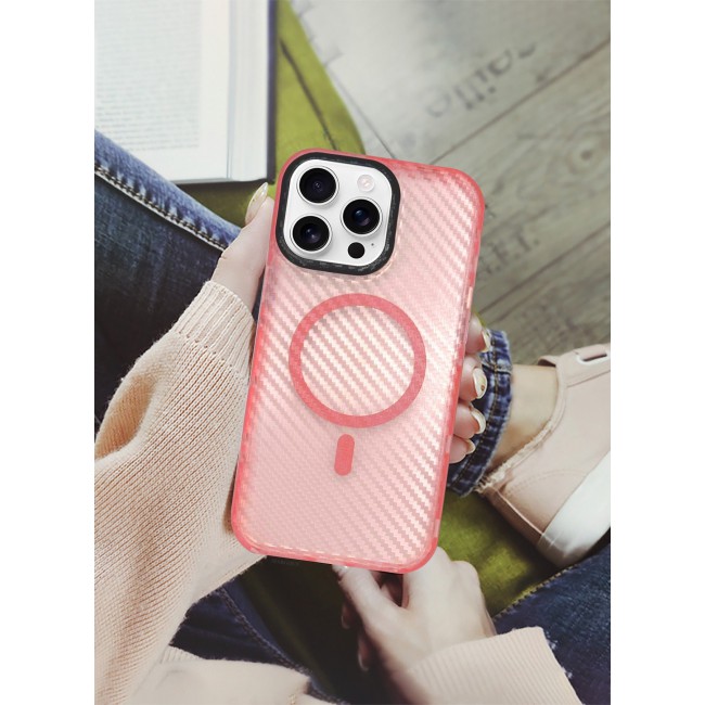 CATANES (for iPhone 16 Pro Max) Magsafe Case Cover Carbon Fiber Magnetic Strong Shockproof Protective Slim Thin Cover Transparent Matte - Pink Color