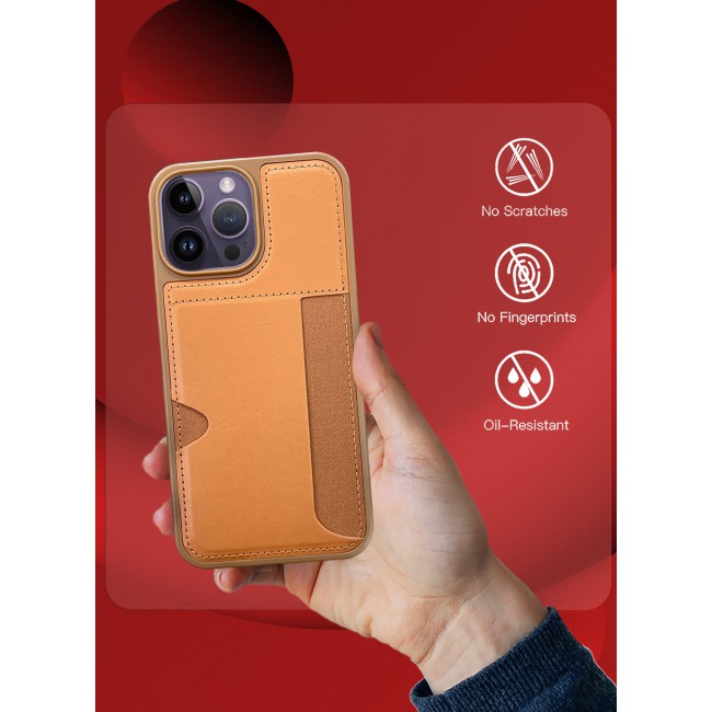 CATANES iPhone 14 Pro Max Case Leather Antifingerprint Cover with Wallet Card Slot Shell, Side Insert Card Holder, Anti Fall Protection - Brown