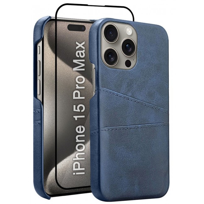 CATANES iPhone 15 Pro Max 2Packs Case Cover Leather with Card Holder for Men Women Phone Case with 3D Screen Protector - Blue