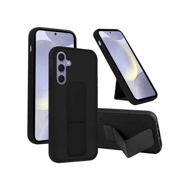 CATANES Samsung Galaxy S24 Plus Case Magnetic Stand and Holder Premium Silicone Vertical and Horizontal Hand Strap Grip Multi Stand Car Mount Kickstand Case Finger Strap Cover Black
