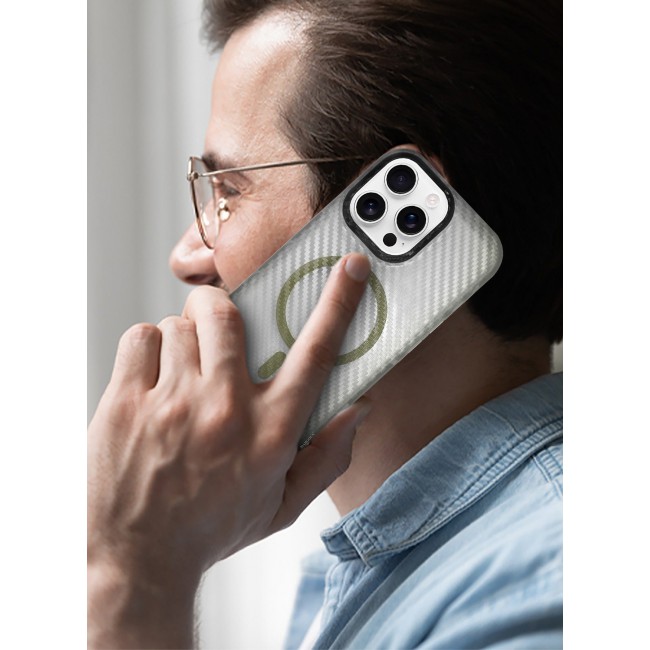 CATANES (for iPhone 15 Pro Max) Magsafe Case Cover Carbon Fiber Magnetic Strong Shockproof Protective Slim Thin Cover Transparent Matte - White Color