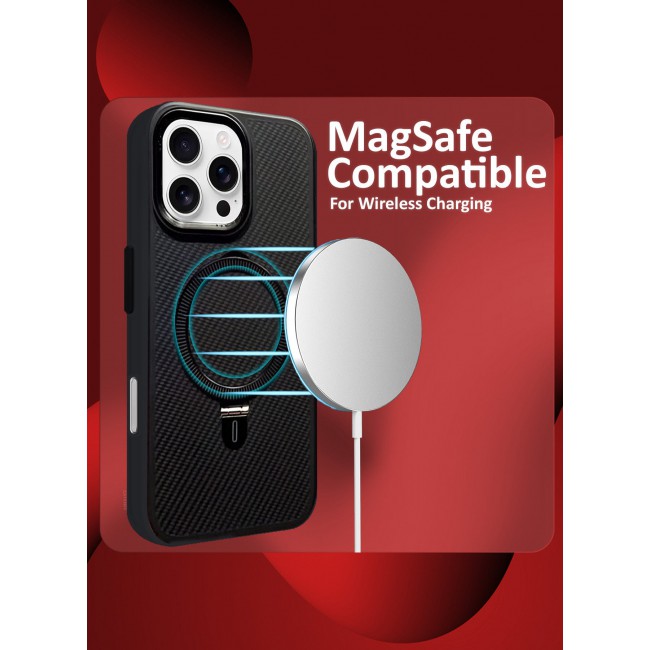 CATANES ( for iPhone 16 Pro ) Case, Carbon Fiber Texture, Metal Bracket, Magsafe Kickstand Case Cover - Black