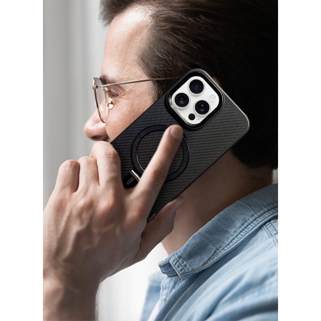 CATANES ( for iPhone 16 Pro ) Case, Carbon Fiber Texture, Metal Bracket, Magsafe Kickstand Case Cover - Black