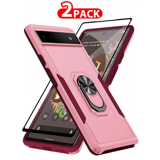 CATANES (Google Pixel 6a) 2 Pack Hybrid Case and Screen Protector with Magnetic Metal Ring Holder Kickstand Rugged Drop Protection Cover Pink