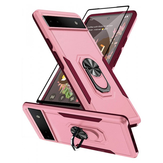 CATANES (Google Pixel 6a) 2 Pack Hybrid Case and Screen Protector with Magnetic Metal Ring Holder Kickstand Rugged Drop Protection Cover Pink