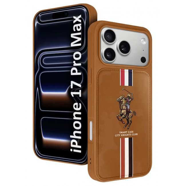 CATANES City Knights Club Luxury iPhone 17 Pro Max Case with Card Holder – Premium Men’s Gift Idea – Professional Camo Business Tech Cover with Shockproof Armor & Designer Polo Embroidery- Brown