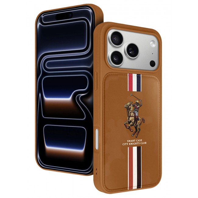 CATANES City Knights Club Luxury iPhone 17 Pro Max Case with Card Holder – Premium Men’s Gift Idea – Professional Camo Business Tech Cover with Shockproof Armor & Designer Polo Embroidery- Brown