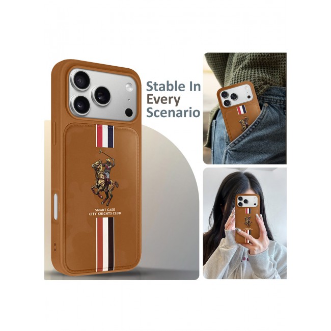 CATANES City Knights Club Luxury iPhone 17 Pro Max Case with Card Holder – Premium Men’s Gift Idea – Professional Camo Business Tech Cover with Shockproof Armor & Designer Polo Embroidery- Brown