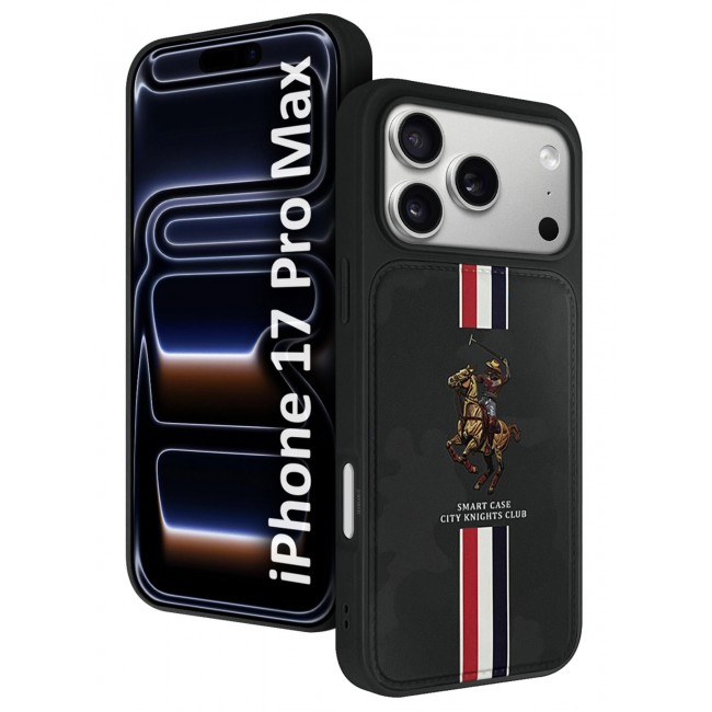 CATANES City Knights Club Luxury iPhone 17 Pro Max Case with Card Holder – Premium Men’s Gift Idea – Professional Camo Business Tech Cover with Shockproof Armor & Designer Polo Embroidery- Black