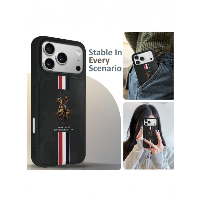 CATANES City Knights Club Luxury iPhone 17 Pro Max Case with Card Holder – Premium Men’s Gift Idea – Professional Camo Business Tech Cover with Shockproof Armor & Designer Polo Embroidery- Black