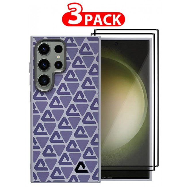 CATANES (for Samsung Galaxy S23 Ultra) 3 Pack Case and 2 Screen Protectors Leather Back Cover Triangle Pattern Shockproof Protective Phone Case Purple