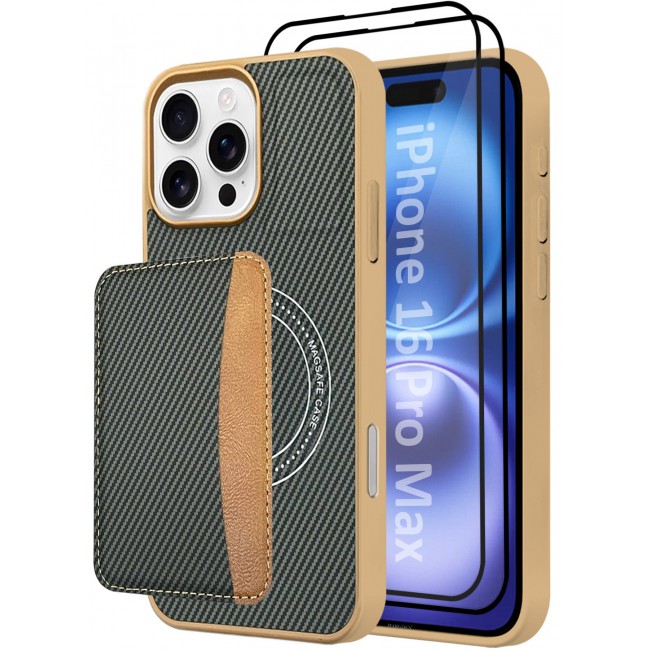 CATANES iPhone 16 Pro Max Case 3Packs Antifingerprint Cover with Detachable Wallet Card Slot Shell Insert Card Holder Anti Fall Protection Carbon Fiber Design with Two 3D Screen Protectors - Beige