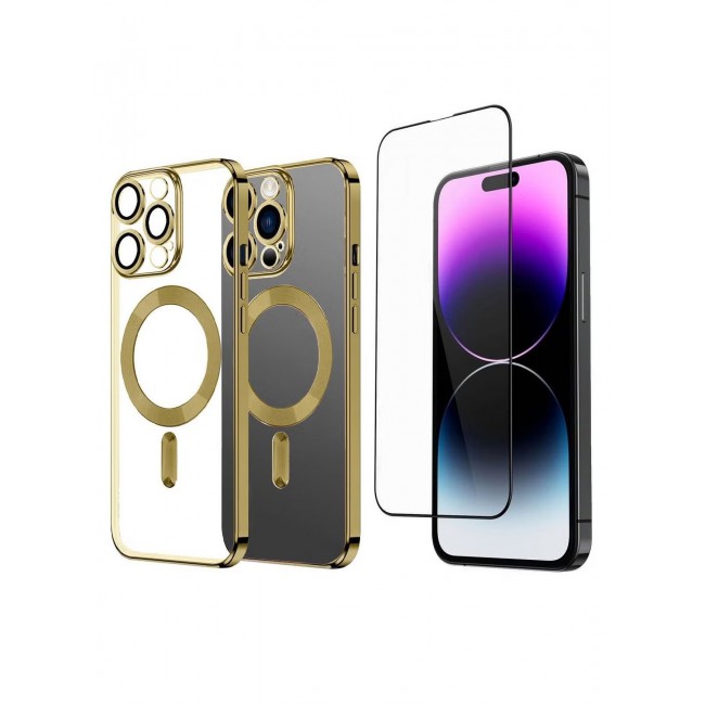 CATANES 2Pack for iPhone 14 Pro Max Magsafe Case and Screen Protector Clear Electroplating Frame Wireless Charging Cover with Tempered Glass Gold/Clear