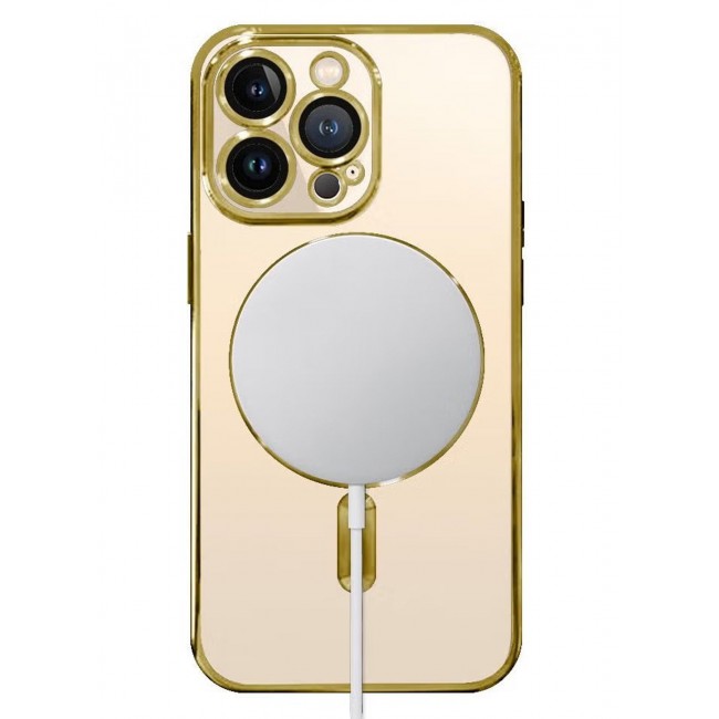 CATANES 2Pack for iPhone 14 Pro Max Magsafe Case and Screen Protector Clear Electroplating Frame Wireless Charging Cover with Tempered Glass Gold/Clear