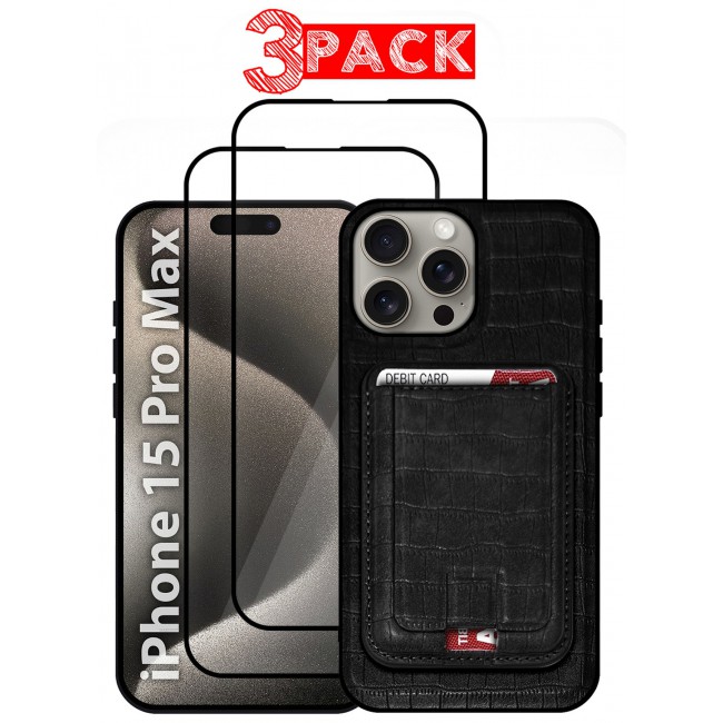 CATANES iPhone 15 Pro Max Case 3 Pack, Soft Flexible PU Leather, Durable Anti-Scratch Case with Detachable Classic Card Wallet Holder,1 case 2 Screen Protectors