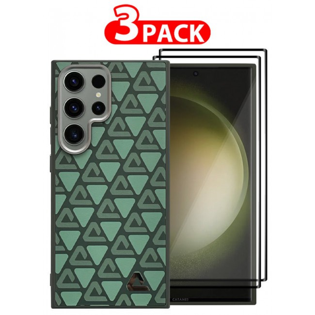 CATANES (for Samsung Galaxy S23 Ultra) 3 Pack Case and 2 Screen Protectors Leather Back Cover Triangle Pattern Shockproof Protective Phone Case Green
