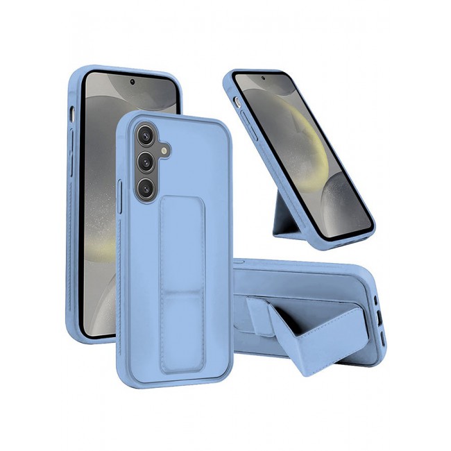 CATANES Samsung Galaxy S24 Case Magnetic Stand and Holder Premium Silicone Vertical and Horizontal Hand Strap Grip Multi Stand Car Mount Kickstand Case Finger Strap Cover Light Blue