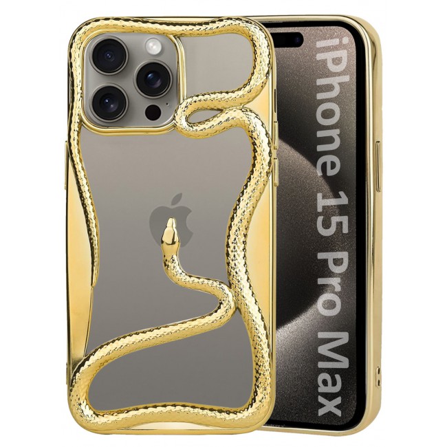 CATANES iPhone 15 Pro Max Case Cover Soft TPU and Glossy with Snake Design - Gold