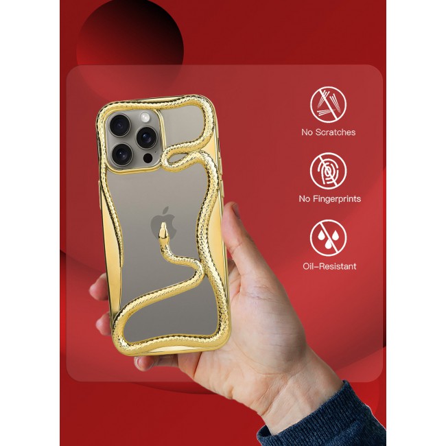 CATANES iPhone 15 Pro Max Case Cover Soft TPU and Glossy with Snake Design - Gold