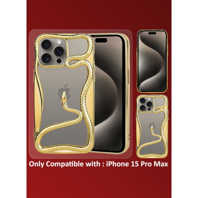 CATANES iPhone 15 Pro Max Case Cover Soft TPU and Glossy with Snake Design - Gold