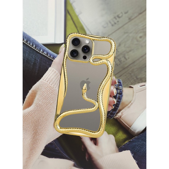 CATANES iPhone 15 Pro Max Case Cover Soft TPU and Glossy with Snake Design - Gold