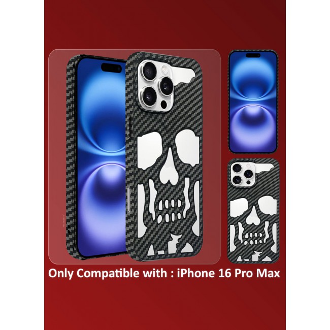 CATANES iPhone 16 Pro Max Case Cover Soft TPU and Glossy with Skull Design - Carbon Fiber