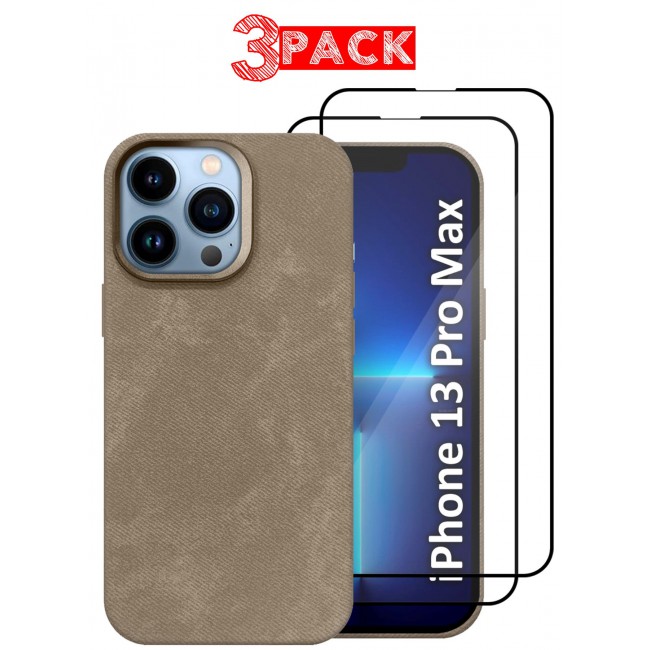 CATANES 3Packs iPhone 13 Pro Max Alcantara Case Cover Premium Quality Luxurious Soft Touch Protection with Metal Camera Frame with Two 3D Screen Protectors - Desert Titanium