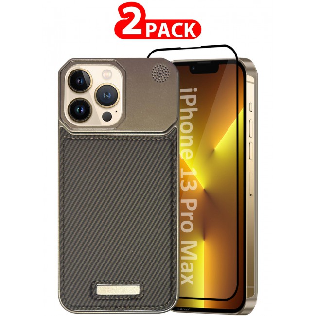 CATANES iPhone 13 Pro Max 2 Pack Case Leather Metal Design, Slim Lightweight Minimalist Cover,1 Case 1 Screen Protector