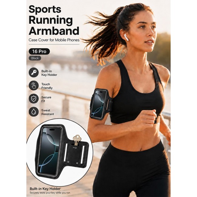 MARGOUN Sports Running Armband Case Compatible with iPhone 16 Pro – Water-Resistant Fitness Wristband Pouch for Gym, Workouts, Jogging with Key Holder and Reflective Strip
